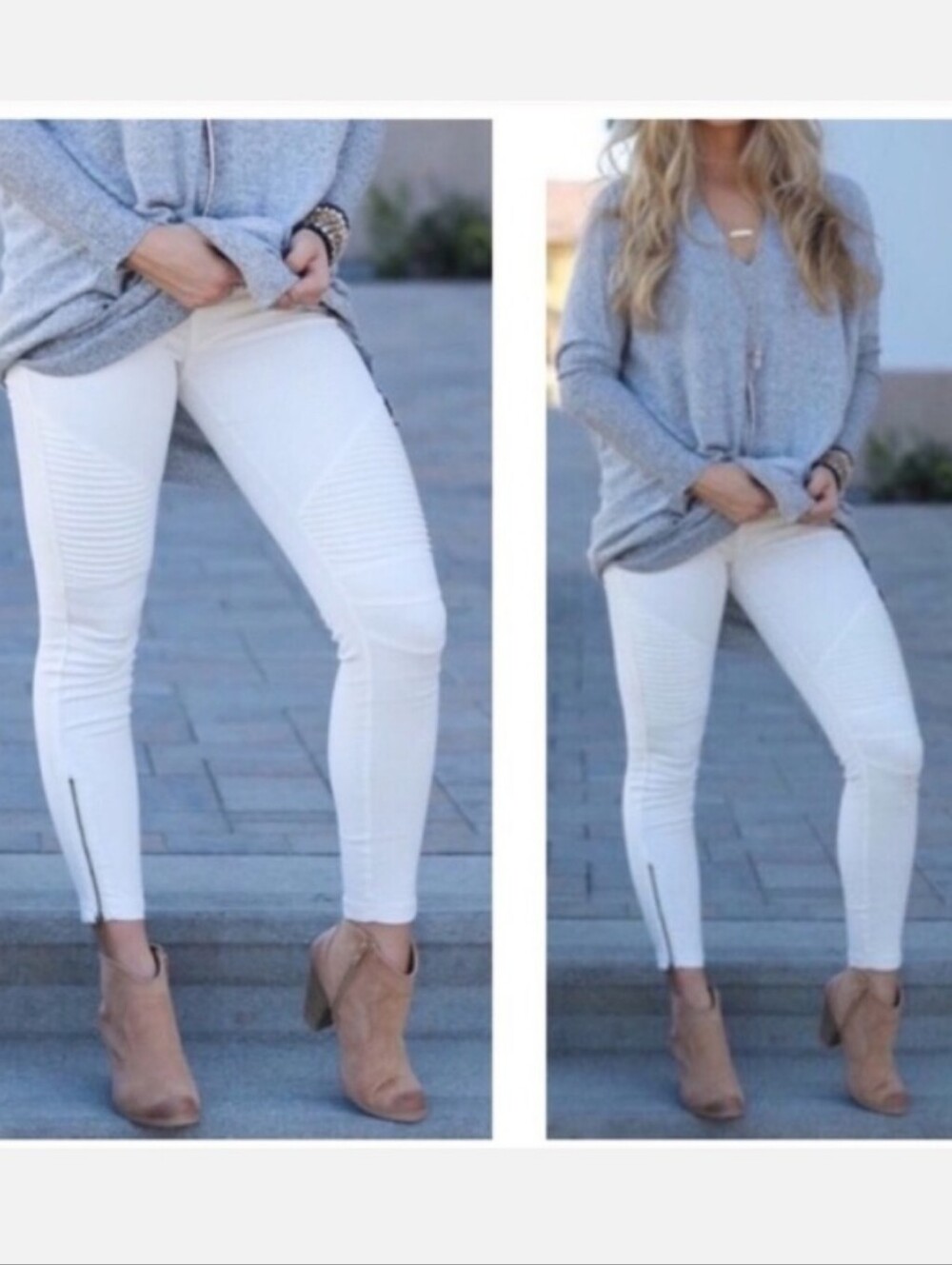 New! White Moto Stretch Pant Leggings With Ankle Zipper